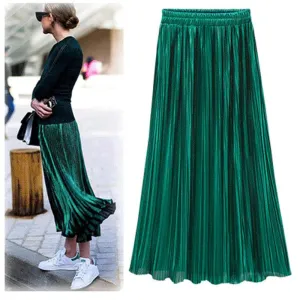 Women Fashion Gold Sequined Skirts Female Black Red Green High Waist Pleated Midi Novelty Midi Skirts
