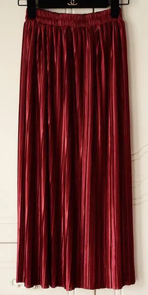 Women Fashion Gold Sequined Skirts Female Black Red Green High Waist Pleated Midi Novelty Midi Skirts