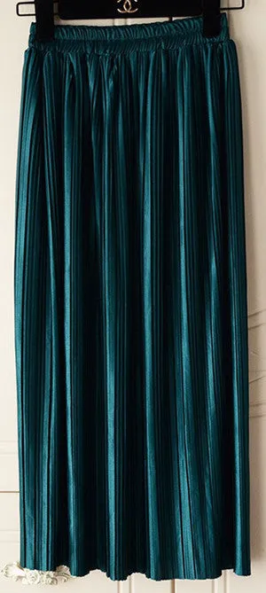 Women Fashion Gold Sequined Skirts Female Black Red Green High Waist Pleated Midi Novelty Midi Skirts
