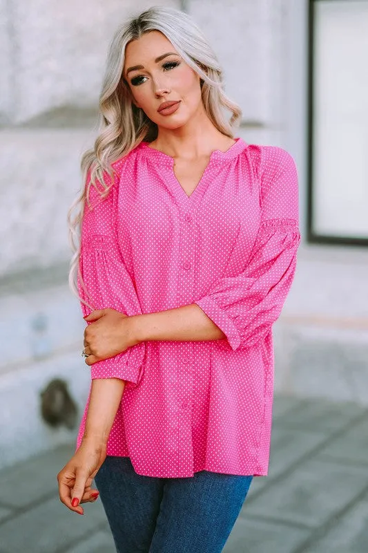 Women Pink 3/4 Sleeves Dotted Print Loose Shirt
