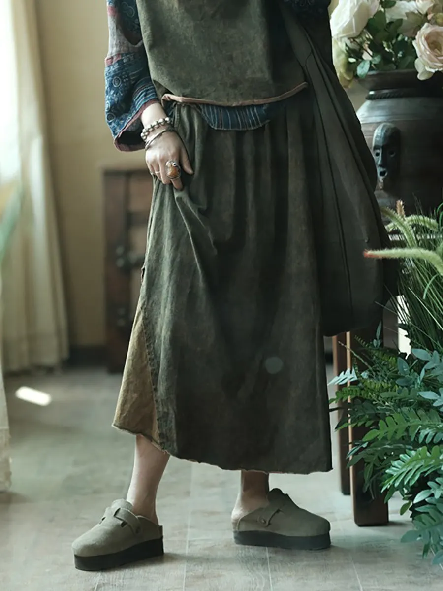 Women Summer Vintage Spliced Worn Loose Cotton Skirt