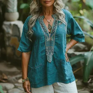 Women’s Casual Boho Linen Breathable V-Neck Short Sleeve Loose Blouse