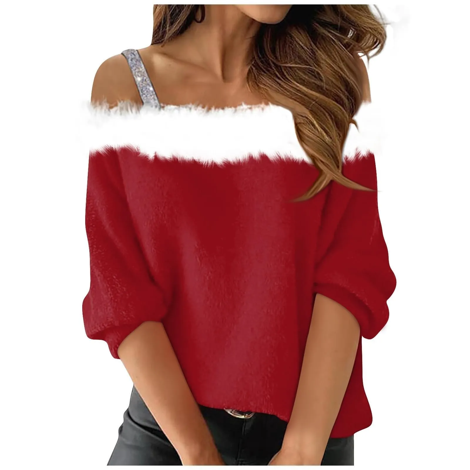 Women's Christmas Holiday Tops Sexy T-Shirts Faux Fur Plush Neck Shirts Long Sleeve Going Out Nightout Tunic Blouse