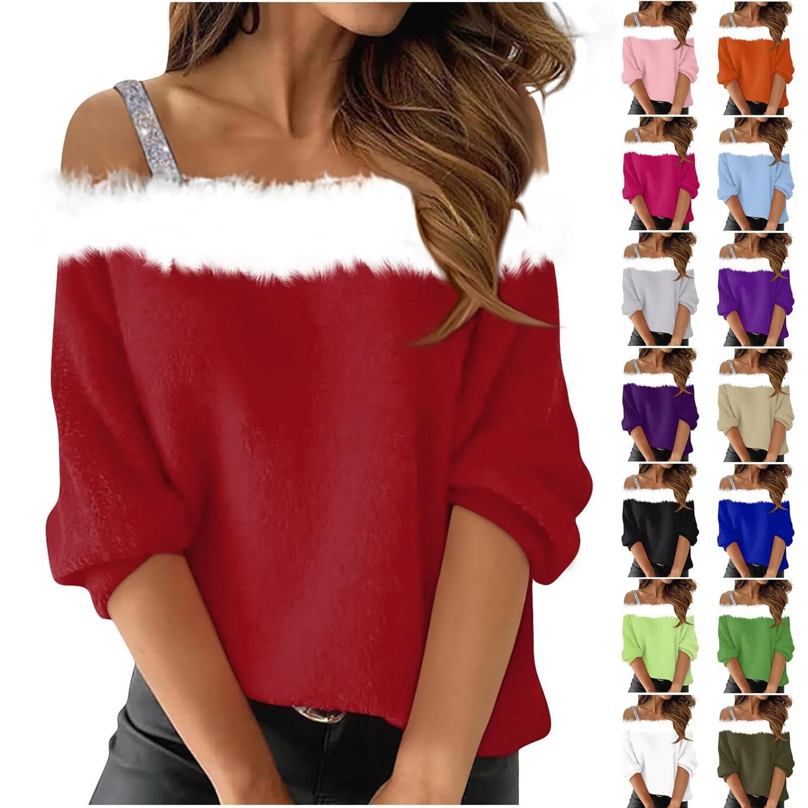 Women's Christmas Holiday Tops Sexy T-Shirts Faux Fur Plush Neck Shirts Long Sleeve Going Out Nightout Tunic Blouse