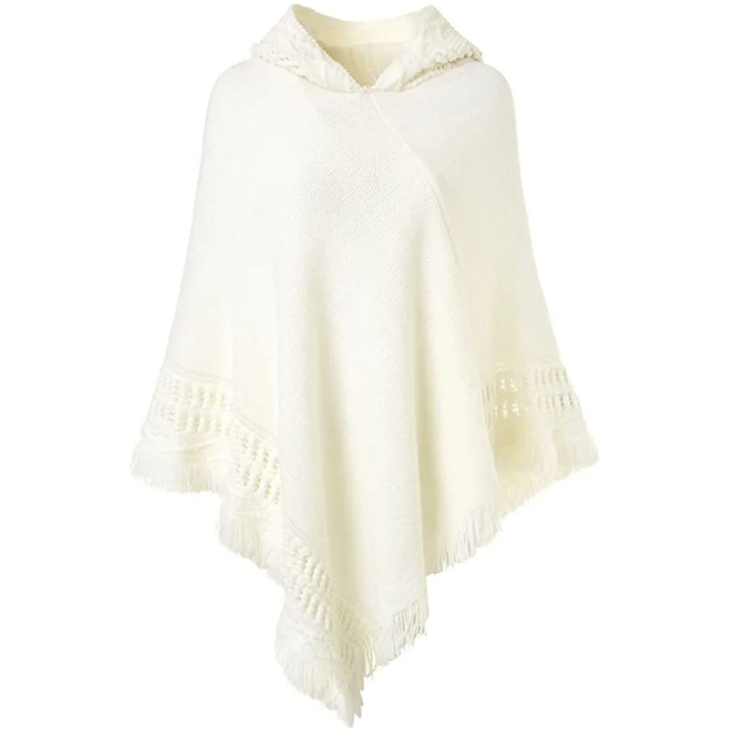 Womens Hooded Cape with Fringed Hem Crochet Poncho Knitting Patterns