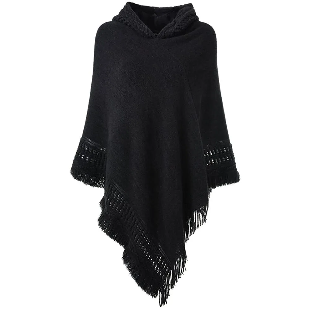 Womens Hooded Cape with Fringed Hem Crochet Poncho Knitting Patterns