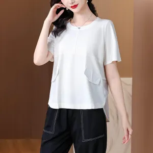 Women's Relaxed-Fit T-Shirt Featuring Chic Round Neckline and Patchwork Design