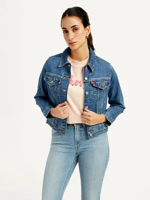 Women's Solid Blue Spread Collar Jacket