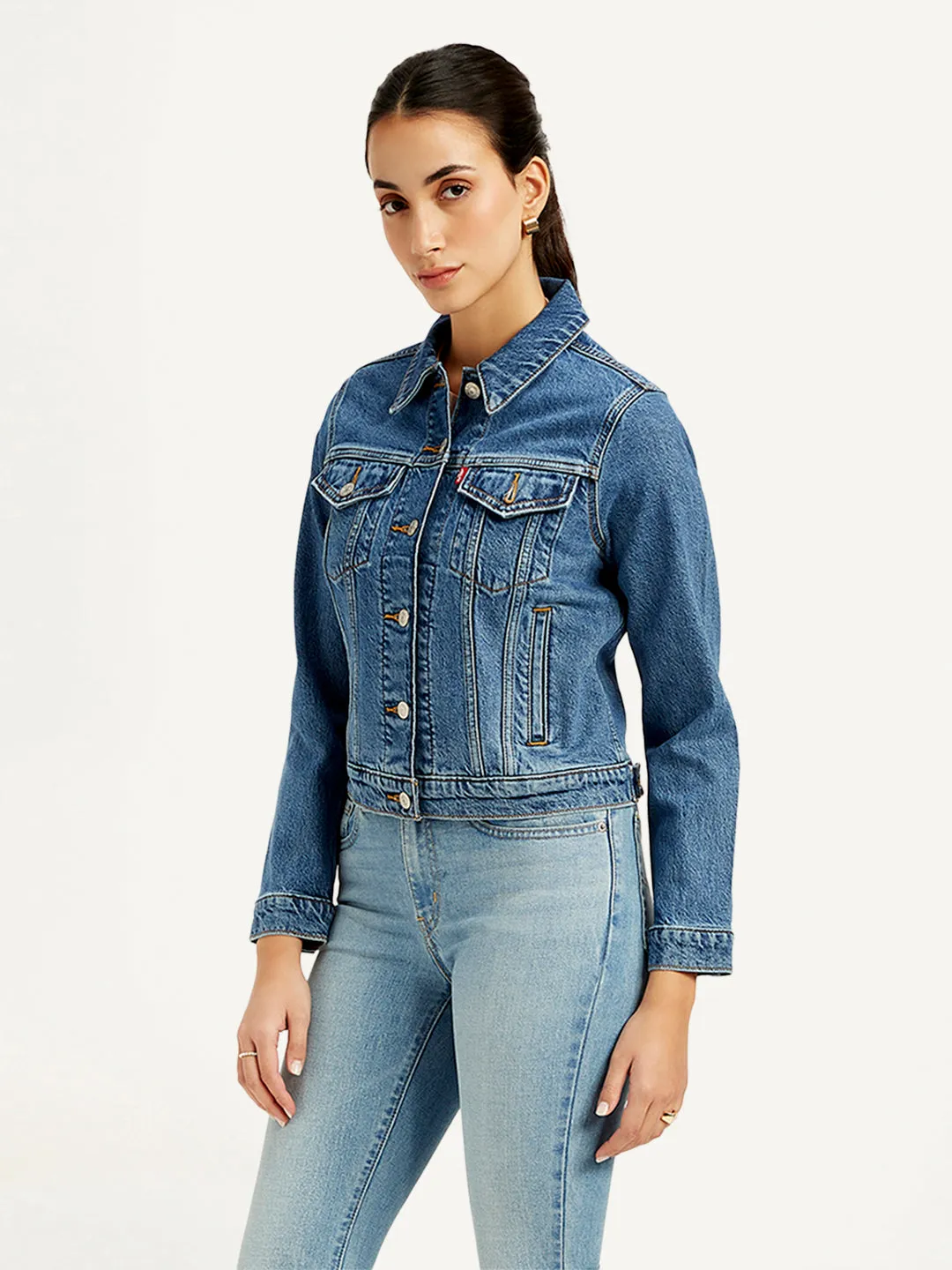 Women's Solid Blue Spread Collar Jacket