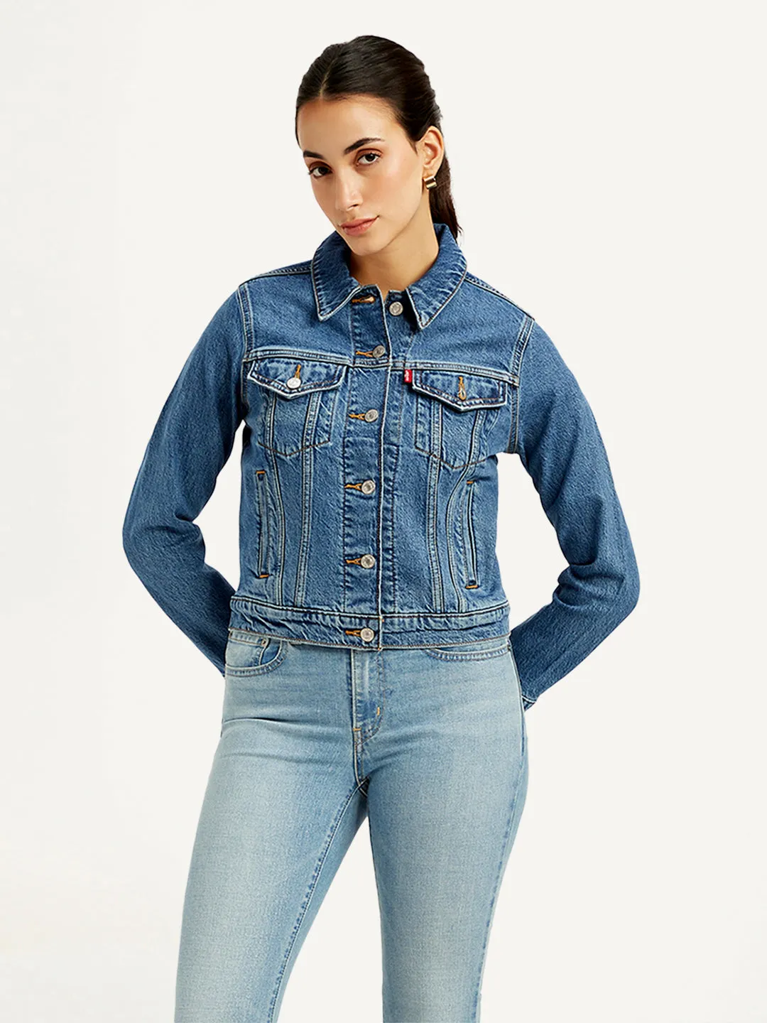 Women's Solid Blue Spread Collar Jacket
