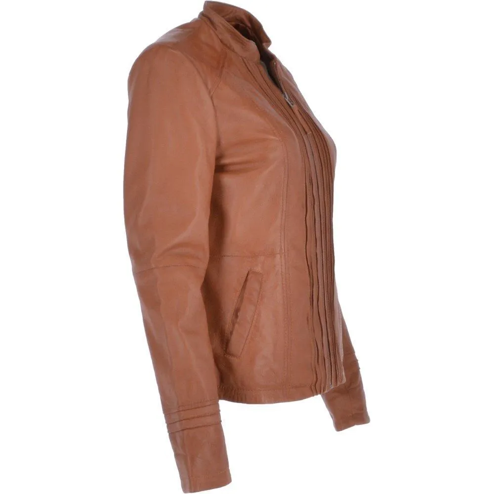 Women's Tan Front Pleated Leather Jacket