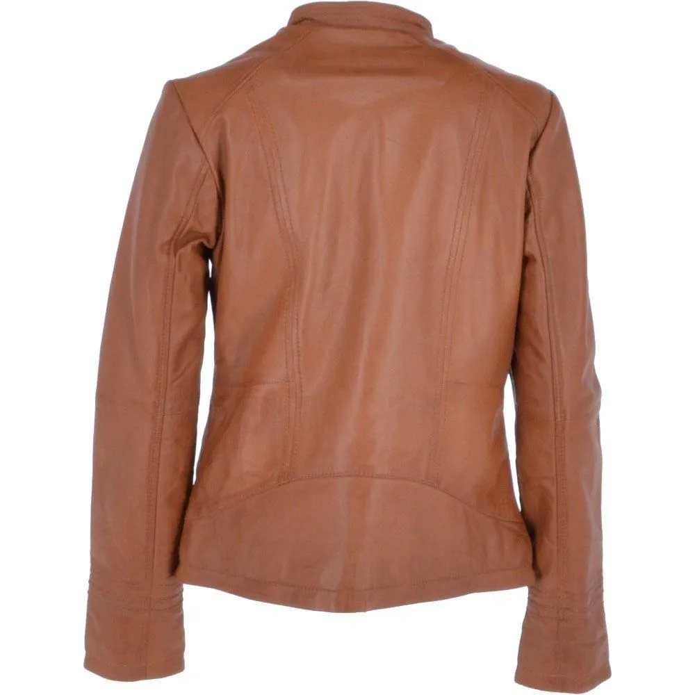 Women's Tan Front Pleated Leather Jacket