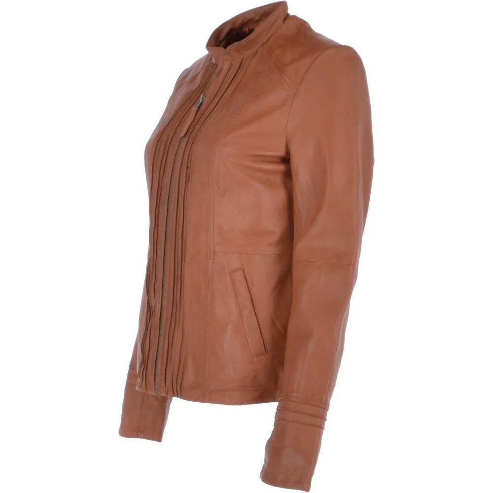 Women's Tan Front Pleated Leather Jacket